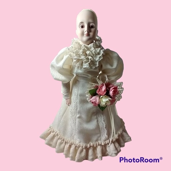 Victorian Bride Porcelain Doll J. Merkel Signed 1986 Approx. 15" Tall Stands - Picture 1 of 16